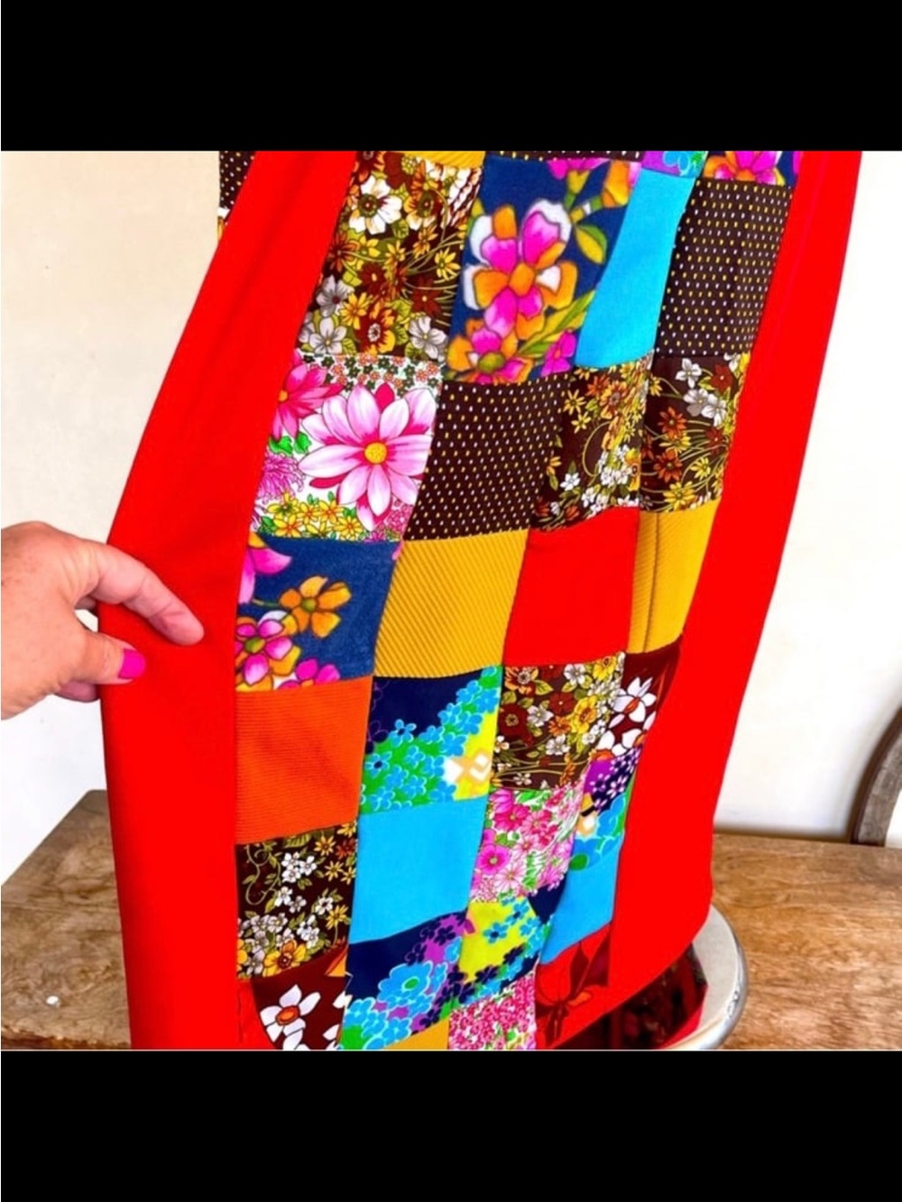 American Vintage Red Maxi Skirt with Multicolor Patchwork Panel - Picture 3 of 7